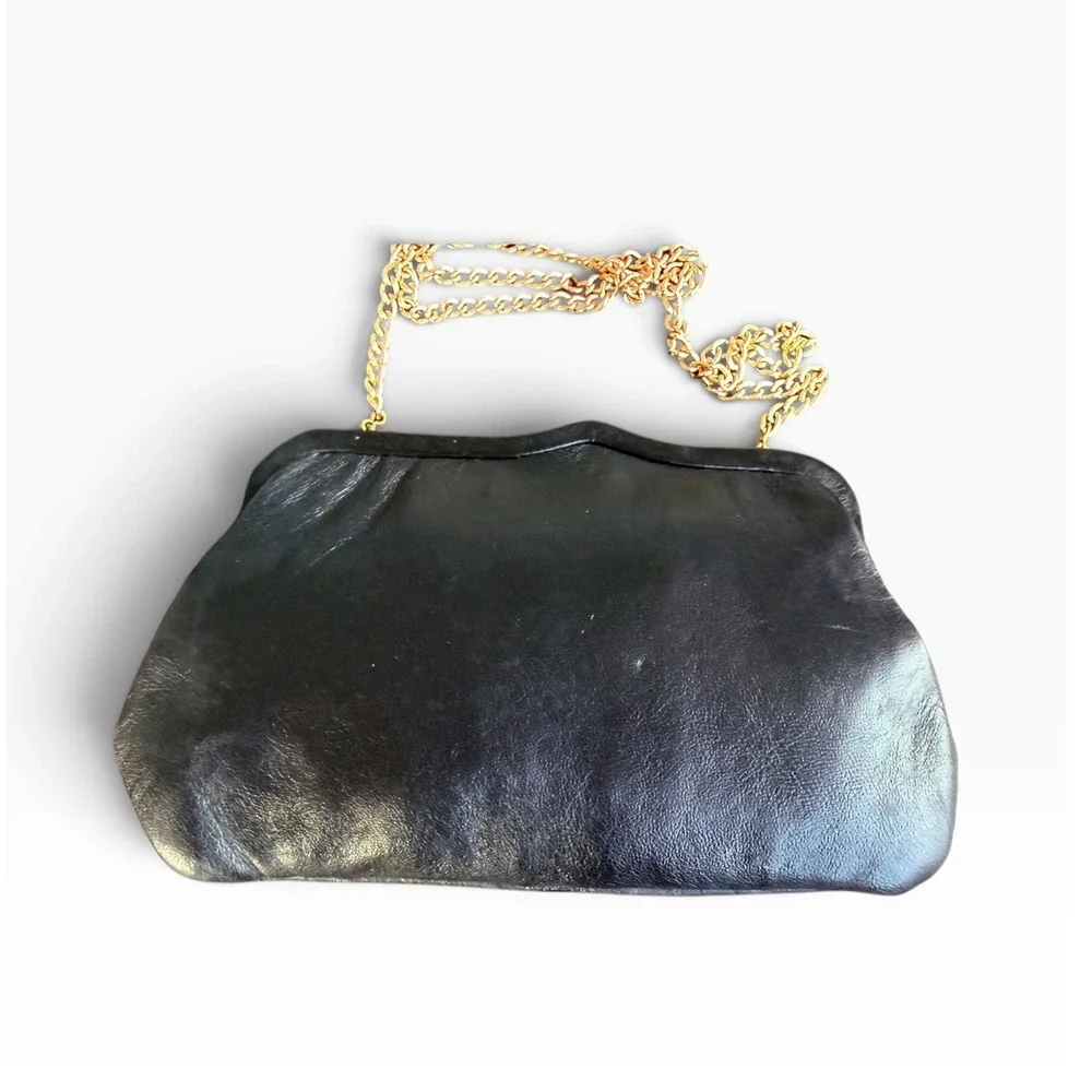 Vintage 1960s Ande Black Clutch Purse Gold Chain Evening Bag fits cellphone